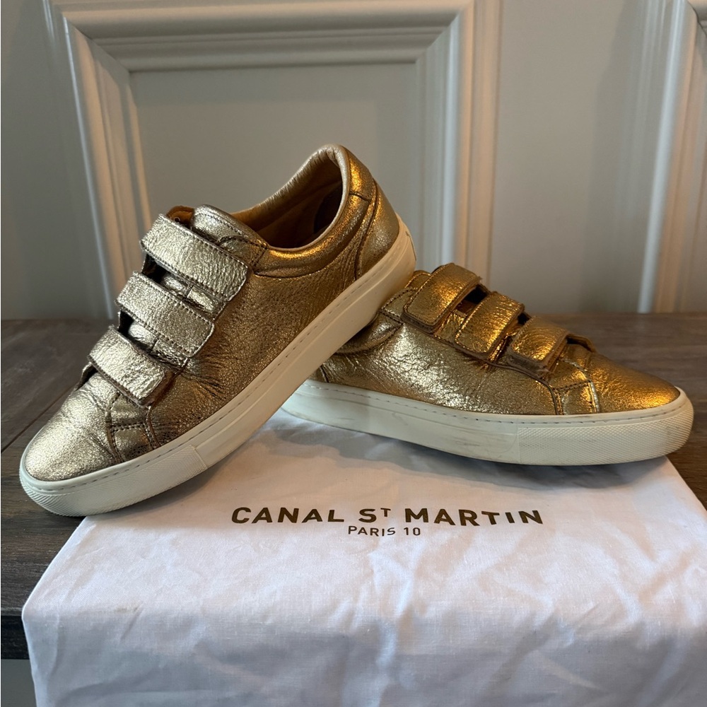 Canal St Martin Gold Velcro Leather Sneakers, size 37